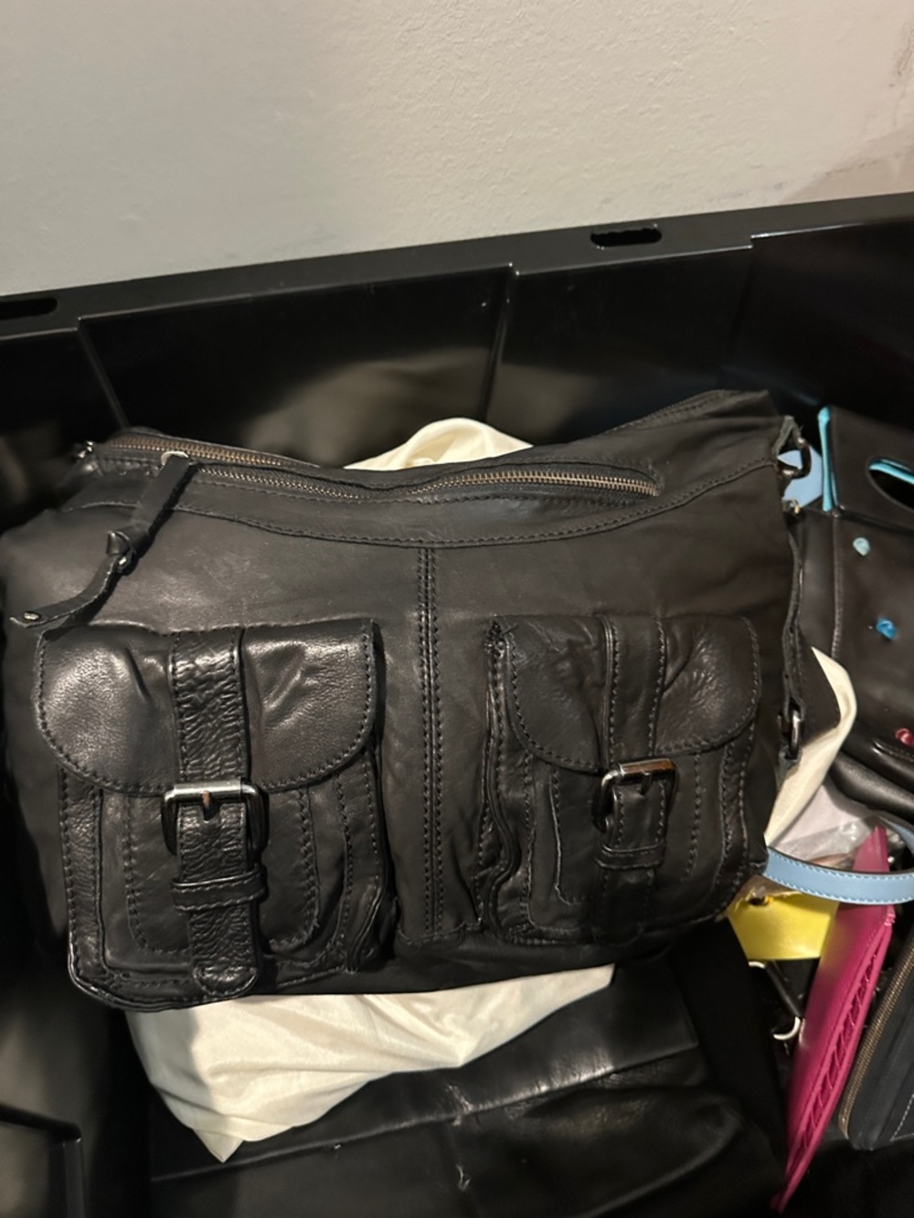 Aldo Black Leather Front-Buckle Messenger Bag